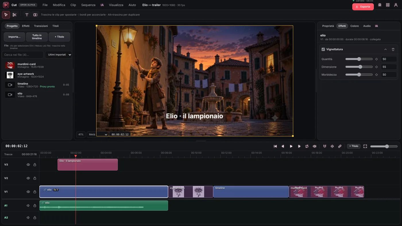 Montaggio di un trailer in DyxeLab Cut con tracce video, audio e titoli