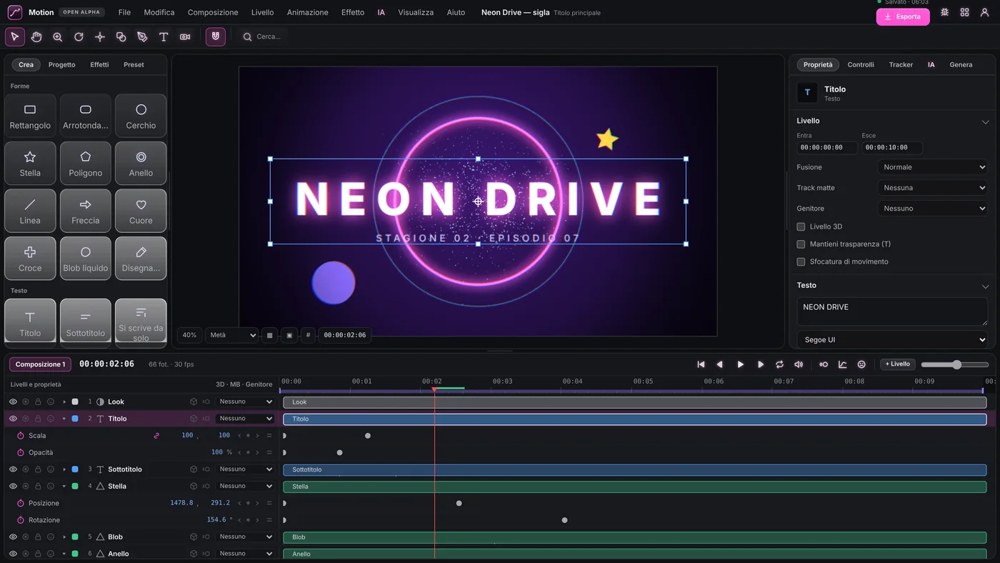 Titolo animato con keyframe ed effetti in DyxeLab Motion